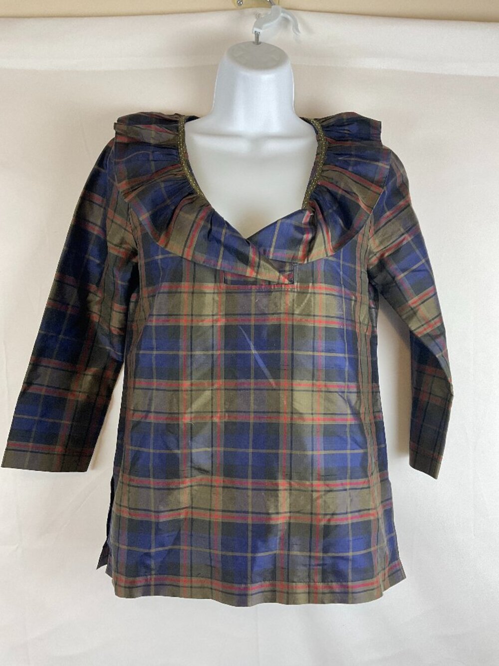 Devon Baer Blouse XS Blue Brown Red Plaid Ruffle Collar Long 3/4 Sleeve